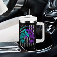 Suicide Prevention Awareness Tumbler With Handle Teal Purple Ribbon Still Here Still Fighting American Flag Therapist Psychologist - Wonder Print Shop