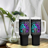 Suicide Prevention Awareness Tumbler With Handle Teal Purple Ribbon Still Here Still Fighting American Flag Therapist Psychologist - Wonder Print Shop