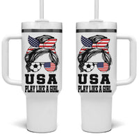 Soccer Girl Tumbler With Handle Play Like A Girl USA Flag Messy Bun
