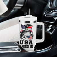 Soccer Girl Tumbler With Handle Play Like A Girl USA Flag Messy Bun