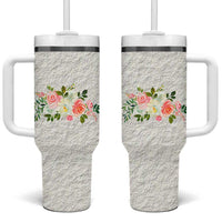 Abundant Blooms Tumbler With Handle Soft Pink Rose Bouquet Garden Aesthetic Elegant Floral