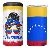 Venezuelan Girl 4 in 1 Can Cooler Tumbler Messy Bun Venezuela Flag Heritage Venezuelan Women Girls