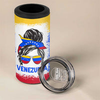 Venezuelan Girl 4 in 1 Can Cooler Tumbler Messy Bun Venezuela Flag Heritage Venezuelan Women Girls