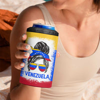 Venezuelan Girl 4 in 1 Can Cooler Tumbler Messy Bun Venezuela Flag Heritage Venezuelan Women Girls