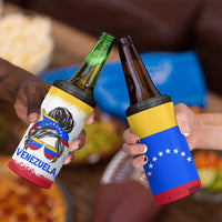 Venezuelan Girl 4 in 1 Can Cooler Tumbler Messy Bun Venezuela Flag Heritage Venezuelan Women Girls