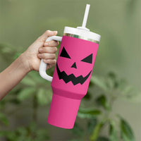 Personalized Halloween Pumpkin Face Tumbler With Handle Custom Name Travel Coffee Cup Pink - Wonder Print Shop