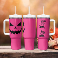 Personalized Halloween Pumpkin Face Tumbler With Handle Custom Name Travel Coffee Cup Pink - Wonder Print Shop