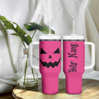 Personalized Halloween Pumpkin Face Tumbler With Handle Custom Name Travel Coffee Cup Pink - Wonder Print Shop