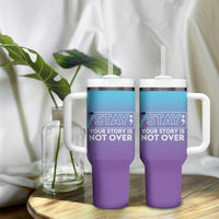 Suicide Prevention Awareness Tumbler With Handle Teal Purple Ribbon Semicolon Stay Your Story Is Not Over - Wonder Print Shop