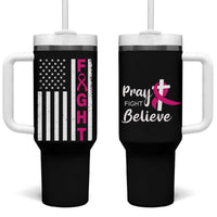 Breast Cancer Awareness Tumbler With Handle Christian Gift Pink Ribbon USA Flag Pray Fight Believe - Wonder Print Shop