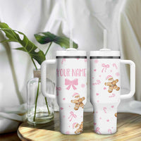 Personalized Christmas Tumbler With Handle Custom Name Coquette Pink Bow Gingerbread Man - Wonder Print Shop