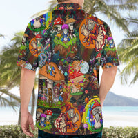 Colorful short-sleeve Hawaiian shirt with psychedelic mushroom and cartoon characters