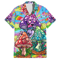 Colorful Hawaiian shirt with purple, orange, and green mushroom characters and allover print