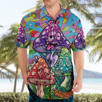 Men's short-sleeve Hawaiian shirt with purple smiling mushroom and orange toadstool graphic