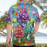 Short-sleeve button-up Hawaiian shirt with purple, green, and orange mushroom print