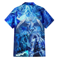 Ice dragon Hawaiian shirt front with open collar, short sleeves, blue dragon graphic