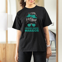 Cervical Cancer Warrior T Shirt For Women Messy Bun Teal Ribbon - Wonder Print Shop