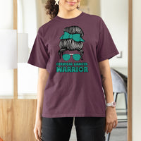 Cervical Cancer Warrior T Shirt For Women Messy Bun Teal Ribbon - Wonder Print Shop