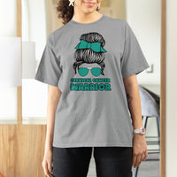 Cervical Cancer Warrior T Shirt For Women Messy Bun Teal Ribbon - Wonder Print Shop