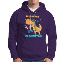 Purple pullover hoodie with front graphic and “WE WEAR TEAL” text