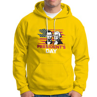 Men's yellow hoodie with front graphic of two presidents and “President’s Day” text.