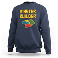 Navy sweatshirt with “Master Builder” text and colorful block builder graphic