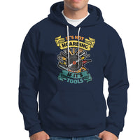Navy hoodie with colorful woodworker tool graphic, front kangaroo pocket, drawstring hood