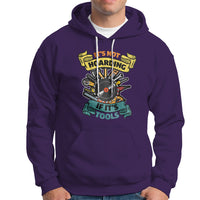 Purple hoodie with colorful woodworker tool graphic, front kangaroo pocket, drawstring hood