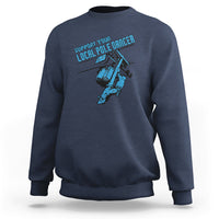 Navy crewneck sweatshirt with front pole dancer lineman graphic