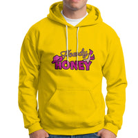 Daisy yellow hoodie with 'Howdy Honey' graphic, pullover hood with drawstrings and front pouch pocket.