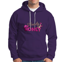 Purple hoodie with 'Howdy Honey' graphic, pullover hood with drawstrings and front pouch pocket.