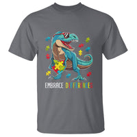 Dinosaur Autism T Shirt Embrace Differences Proud Autistic Puzzle Heart - Wonder Print Shop