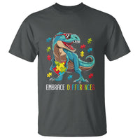 Dinosaur Autism T Shirt Embrace Differences Proud Autistic Puzzle Heart - Wonder Print Shop