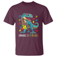 Dinosaur Autism T Shirt Embrace Differences Proud Autistic Puzzle Heart - Wonder Print Shop