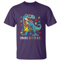 Dinosaur Autism T Shirt Embrace Differences Proud Autistic Puzzle Heart - Wonder Print Shop