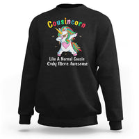 Black crewneck sweatshirt with dabbing unicorn graphic on front, long sleeves