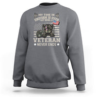 Charcoal gray sweatshirt with Veteran Never Ends graphic on front
