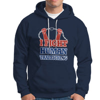 Navy pullover hoodie with 'I FIGHT HUMAN TRAFFICKING' front graphic and chain hands