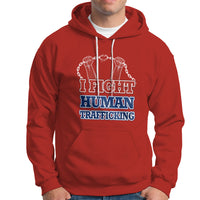 Red pullover hoodie with 'I FIGHT HUMAN TRAFFICKING' front graphic and chain hands