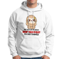 White hoodie with front pocket, drawstring hood, and cartoon face graphic.