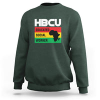 Dark forest green crewneck sweatshirt with HBCU Educated Social Worker front graphic.
