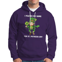 Purple St. Patrick's Day hoodie with leprechaun graphic and 'I PAUSED MY GAME' text.