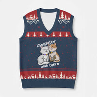 Cat Lover V-Neck Knit Sweater Vest Life Is Better With Cats Cute - Wonder Print Shop