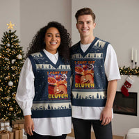 Funny Gluten Intolerance V-Neck Knit Sweater Vest I Can't Eat Gluten It Makes My Tummy Hurt Skeleton Meme - Wonder Print Shop