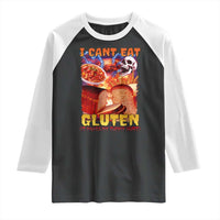 Funny Gluten Intolerance Raglan Shirt I Can't Eat Gluten It Makes My Tummy Hurt Skeleton Meme