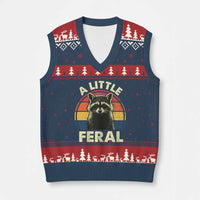 Funny Raccoon V-Neck Knit Sweater Vest A Little Feral Trash Panda Meme Retro - Wonder Print Shop