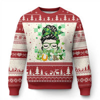 Funny St Patricks Day Women Ugly Christmas Sweater Happy Go Lucky Messy Bun with Shamrocks - Wonder Print Shop