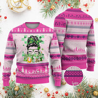 Funny St Patricks Day Women Ugly Christmas Sweater Happy Go Lucky Messy Bun with Shamrocks - Wonder Print Shop