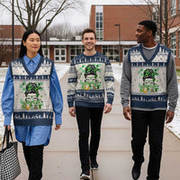 Funny St Patricks Day Women V-Neck Knit Sweater Vest Happy Go Lucky Messy Bun with Shamrocks - Wonder Print Shop