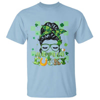 Retro Happy Go Lucky Messy Bun Shamrocks St. Patrick's Day T-Shirt - Wonder Print Shop